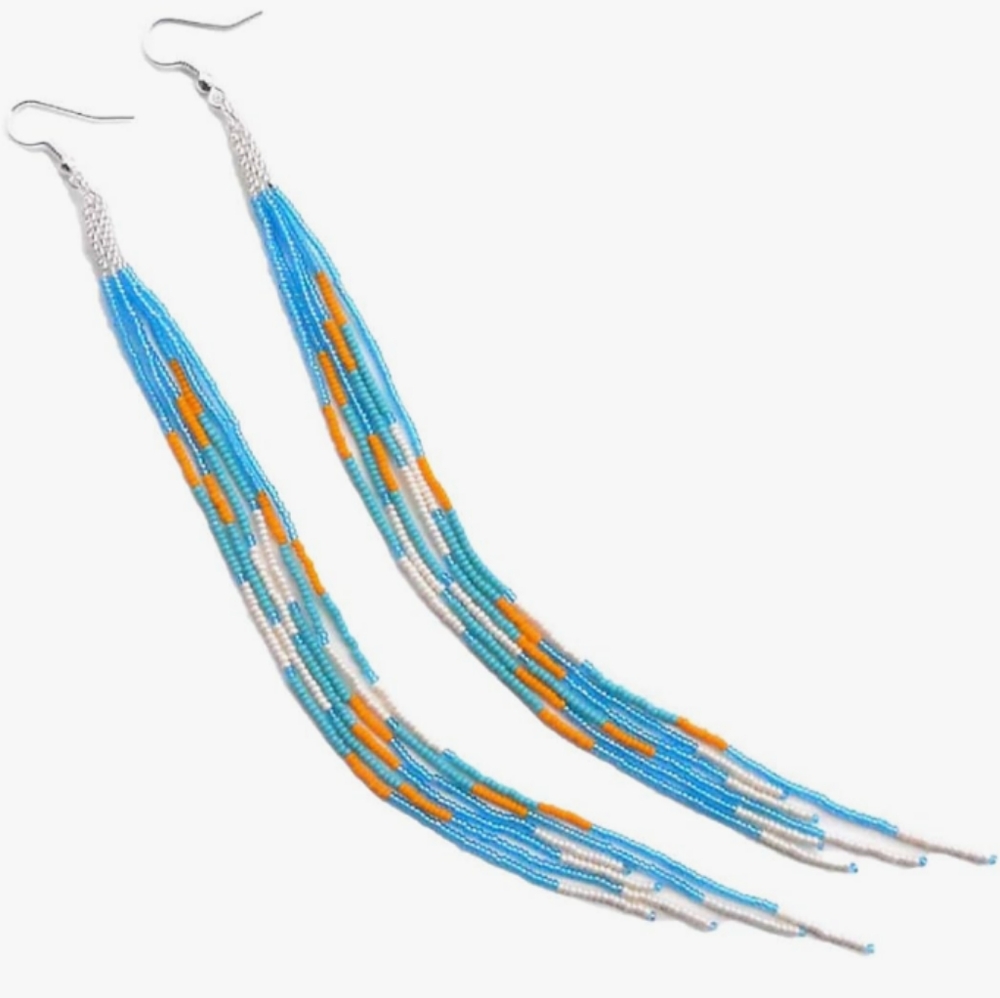 Extra Long 7" Turquoise Blue Orange Beaded Fringe Tassle Earrings Dangle New